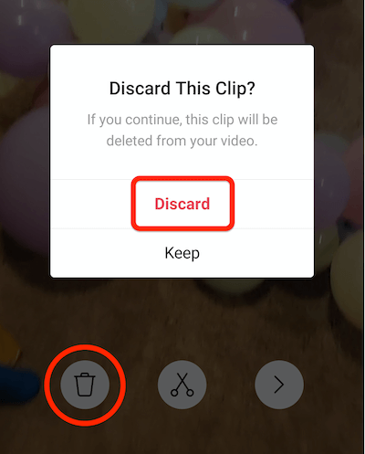 opção de menu de lixeira para descartar um clipe de seu carretel de instagram