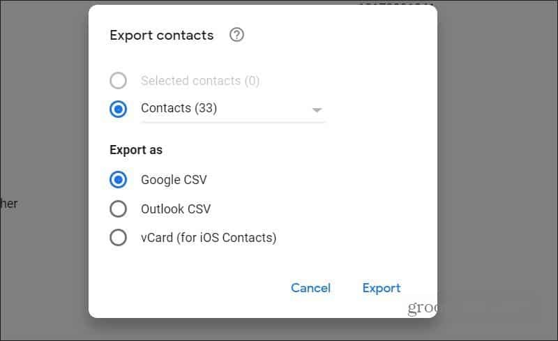 contatos de exportação