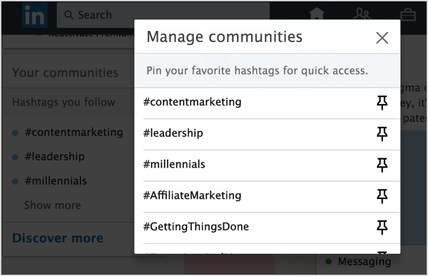 Clique no ícone Fixar próximo às hashtags do LinkedIn que você deseja adicionar para fixar em sua lista.
