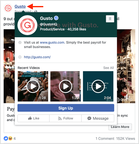 Os usuários veem uma prévia quando passam o mouse sobre uma página nos anúncios do Facebook.