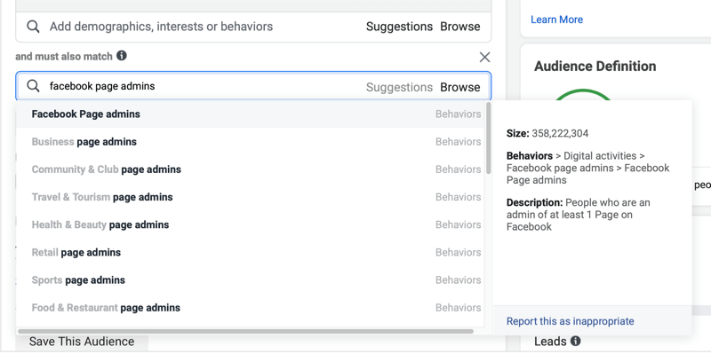 configurações demográficas de anúncios do Facebook adicionando os critérios 'e também devem corresponder a' dos 'administradores da página do Facebook'