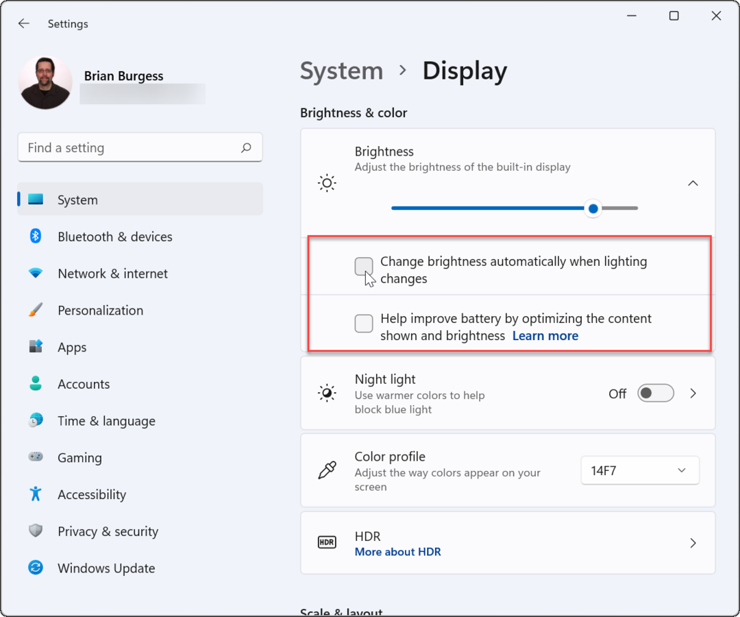 Desligue ou gerencie o brilho automático no Windows 11