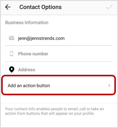 Adicionar uma opção de botão de ação na tela de opções de contato do Instagram