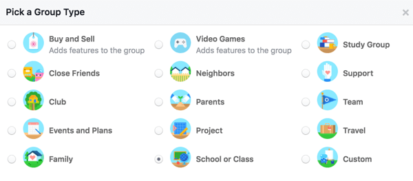 Escolha um tipo de grupo para permitir que os usuários saibam mais sobre seu grupo.