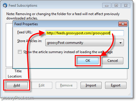 insira o URL do feed no botão Adicionar nas propriedades do feed para 