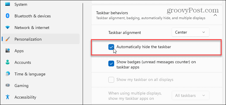 Escondendo automaticamente a barra de tarefas no Windows 11