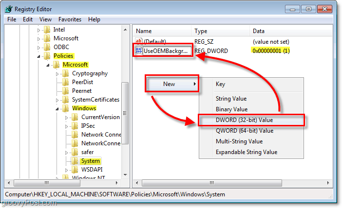 navegue até a chave de registro do Windows 7 HKEY_LOCAL_MACHINESOFTWAREPoliciesMicrosoftWindowsSystem