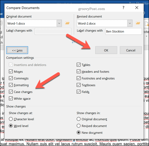 Opções extras de comparação de documentos do Word.