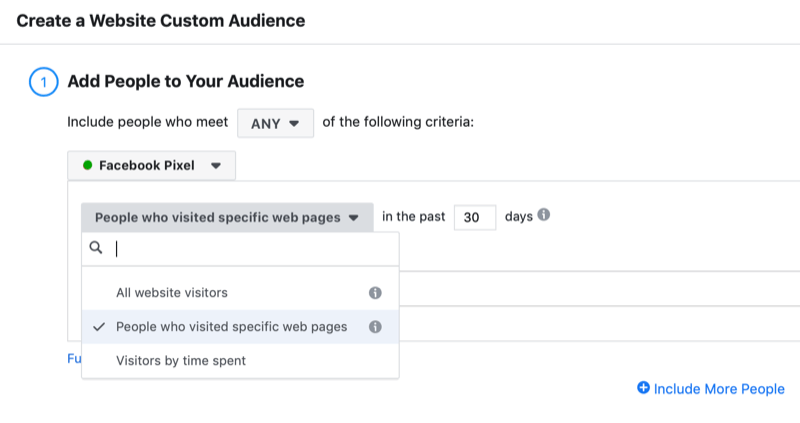 caixa de diálogo para criar um público personalizado de visitante do site do Facebook