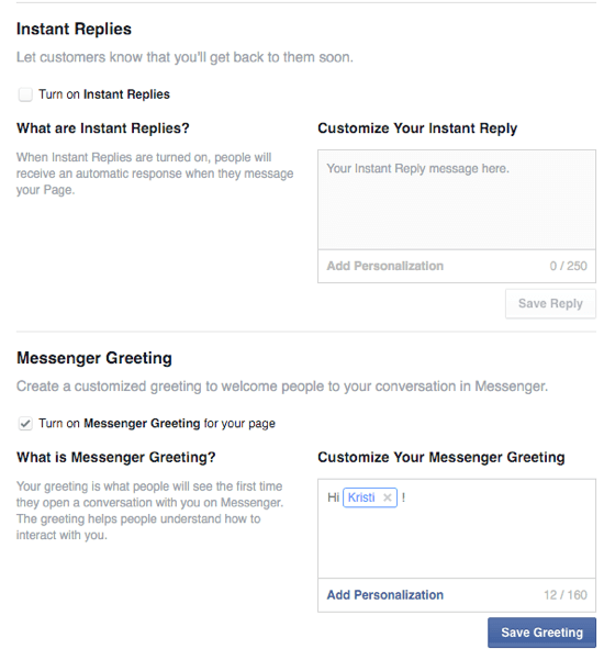 opções para respostas instantâneas e saudações do Facebook