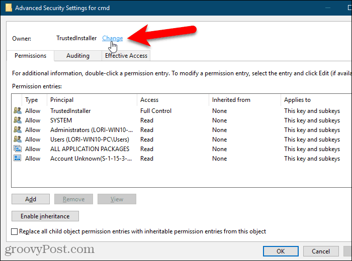 Clique no link Alterar para o proprietário de uma chave no registro do Windows