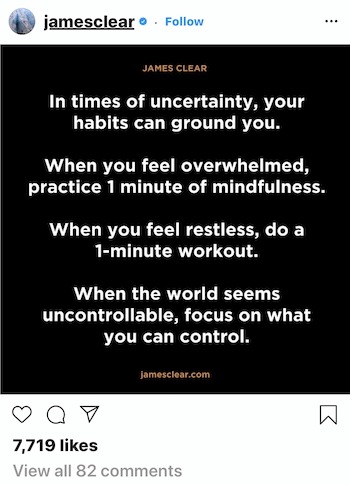 James Clear post no Instagram sobre como os hábitos podem te ajudar em tempos de incerteza