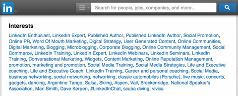 seção de interesses do LinkedIn