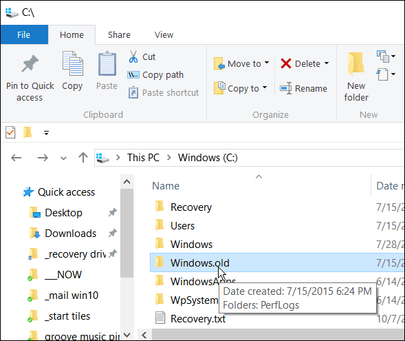 Não exclua Windows.old se desejar reverter o Windows 10 para uma versão anterior nos primeiros 30 dias