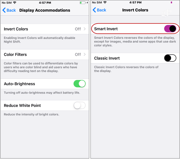 As configurações do modo escuro do iOS invertem as cores
