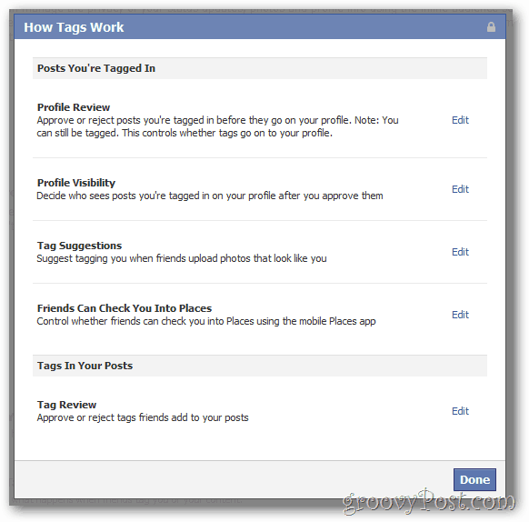 Tags de configurações de privacidade do Facebook