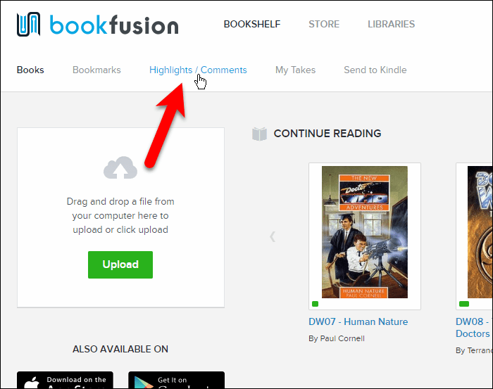 Clique em Destaques / Comentários na interface da web do BookFusion