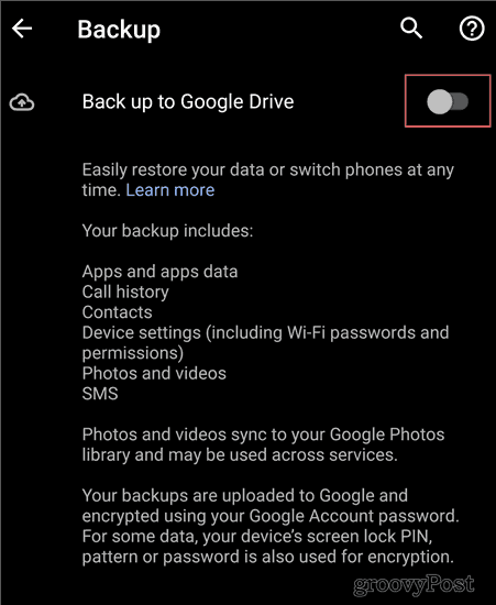 Configurações de backup do Android backup para dirigir
