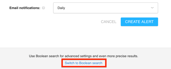 Clique no botão Switch to Boolean search no Awario para acessar o recurso de pesquisa booleana.