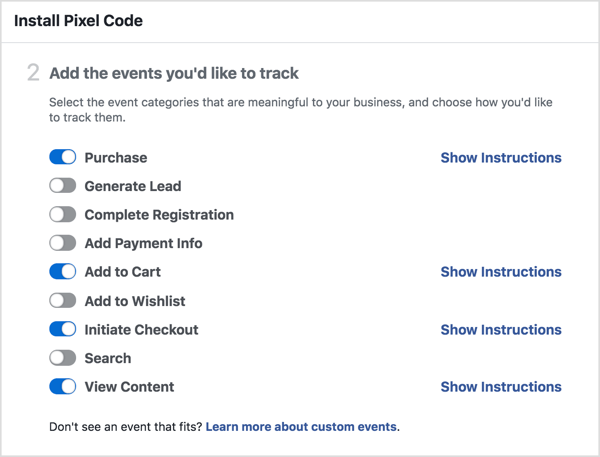 Escolha os eventos que você gostaria de acompanhar com o pixel do Facebook.