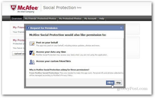 permissões de proteção social mcaffee facebook