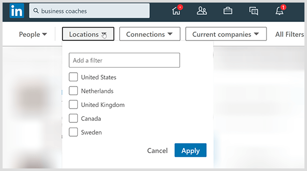 A página de resultados de pesquisa do LinkedIn possui filtros para conexões de localização e empresa.