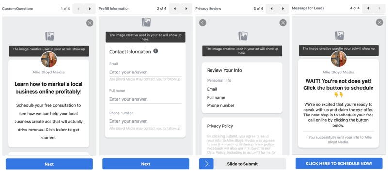 os anúncios de lead do Facebook criam uma nova opção de formulário de lead para visualizar as configurações e opções do formulário de lead antes da publicação