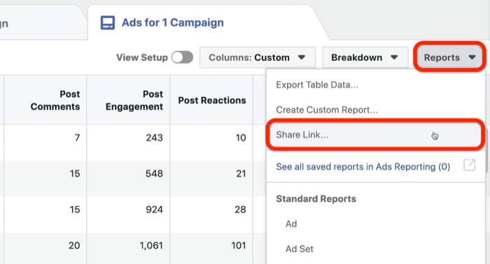 compartilhar relatório personalizado de anúncios do Facebook