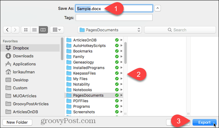 Selecione o local para o arquivo exportado e clique em Exportar no Pages for Mac
