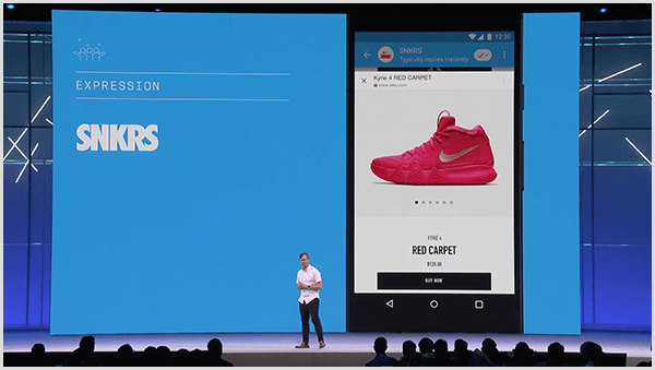 Molly Pittman diz que a conferência de desenvolvedores F8 do Facebook mostra os usos futuros de chatbots. A conferência apresentou um recurso de compra de tênis com realidade aumentada no Messenger.