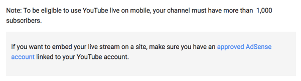 O YouTube ao vivo via celular requer que você tenha 1000 ou mais seguidores em seu canal.