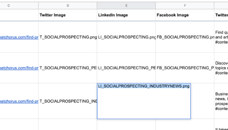 exemplo de folha do google com dados parciais preenchidos para nomes de imagens do twitter, linkedin, facebook, como recém-criado no canva