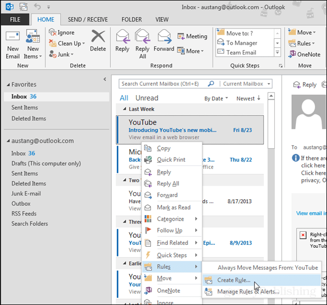 Definir toques e notificações personalizados do Outlook para quando um contato lhe envia um e-mail