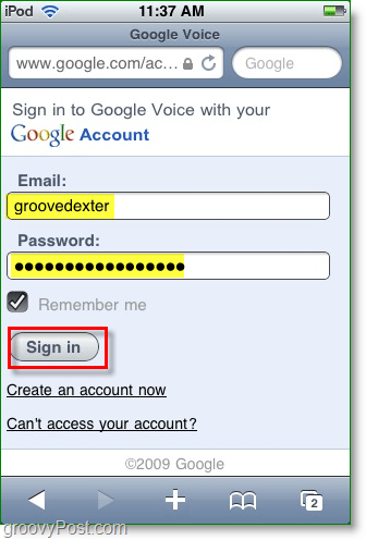 encontre o site do aplicativo móvel do Google Voice e insira suas credenciais