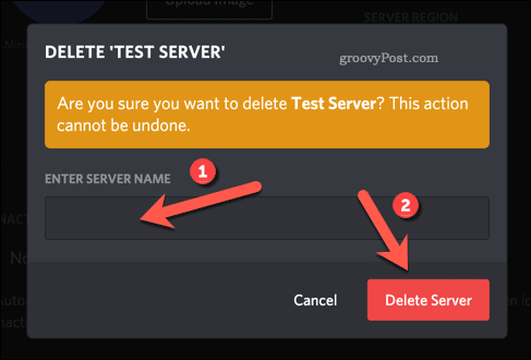 Confirme a exclusão do servidor Discord