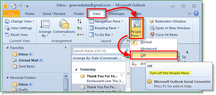 como desativar o painel de pessoas no Microsoft office Outlook 2010