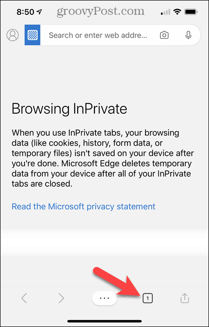 Navegando no InPrivate no Edge para iOS