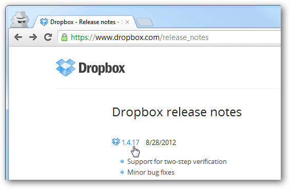 notas de versão do dropbox para cada versão