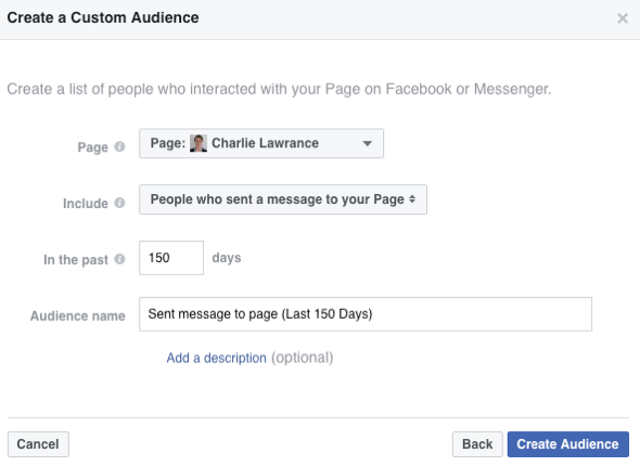 Selecione a opção de criar um público de pessoas que enviaram uma mensagem para sua página do Facebook.