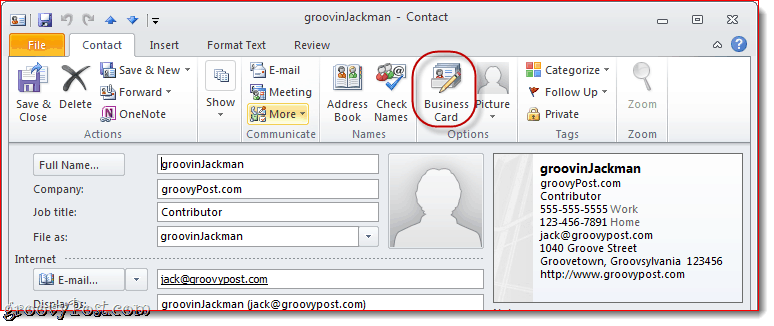 Editar cartão de visita no Outlook 2010