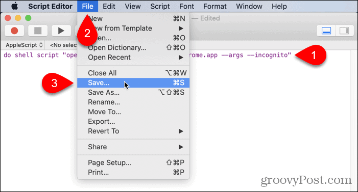 Vá para Arquivo> Salvar no Editor de scripts no Mac