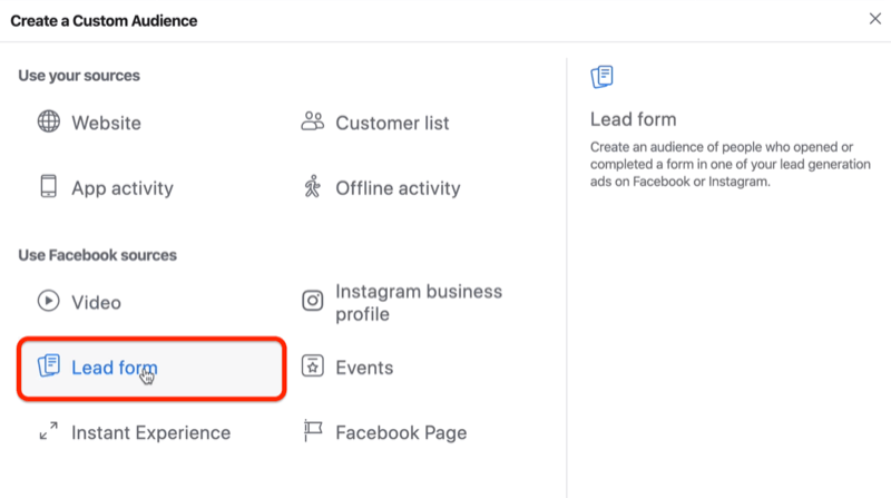 Opção de formulário de lead para público personalizado do Facebook