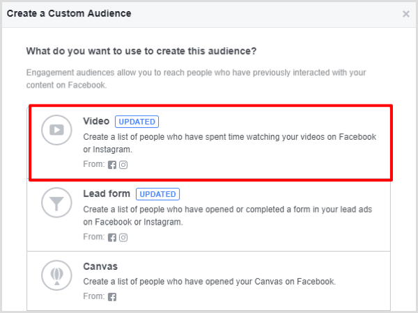 Selecione a opção de engajamento de vídeo para seu público personalizado do Facebook.