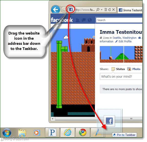 arraste o ícone para a barra de tarefas para fixar o site ie9 