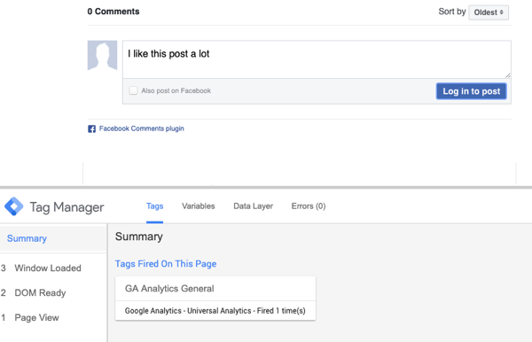 Use o Gerenciador de tags do Google com Facebook, etapa 23, visualização do comentário com seleção de resumo para tag do Facebook disparada