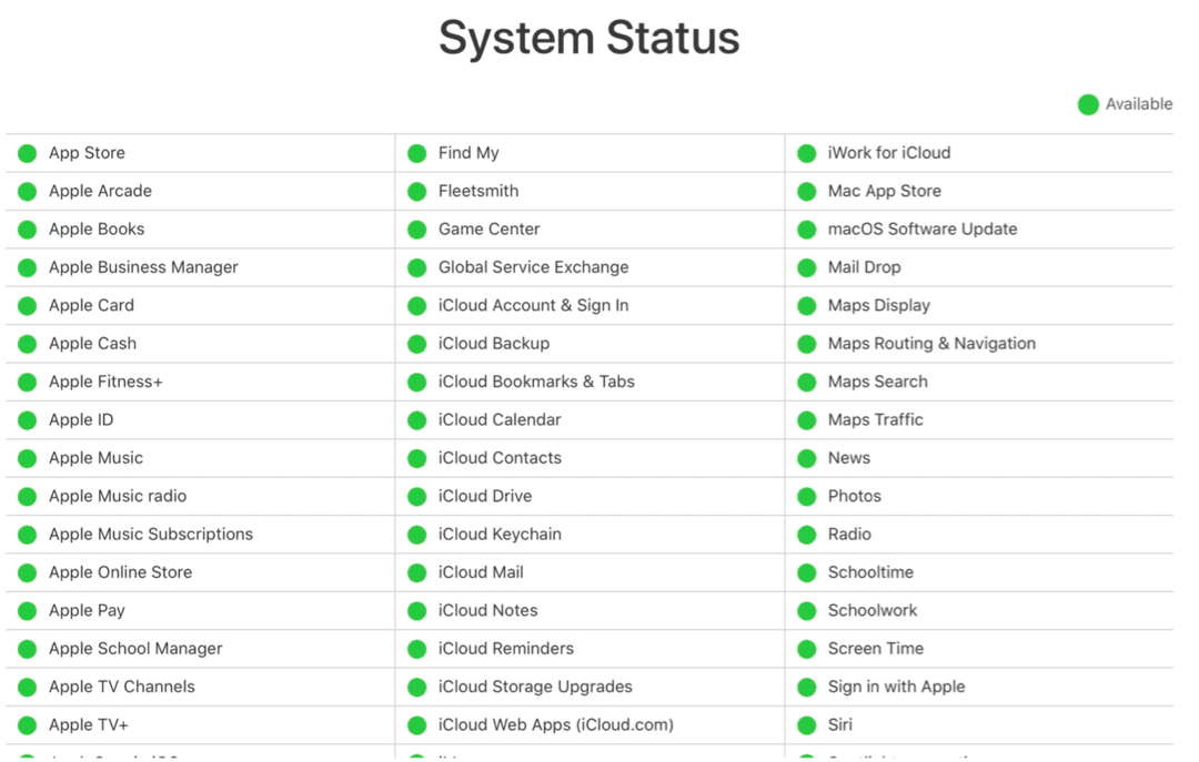 Corrigir problemas do iCloud: Status do sistema iCloud