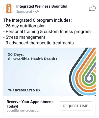 Técnicas de anúncio do Facebook que geram resultados, por exemplo, o Integrated Wellness Bountiful oferecendo horários de atendimento