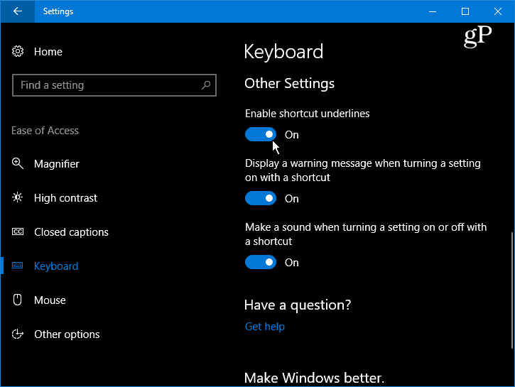 Tornar as teclas de atalho do menu sublinhado e destaque do Windows 10