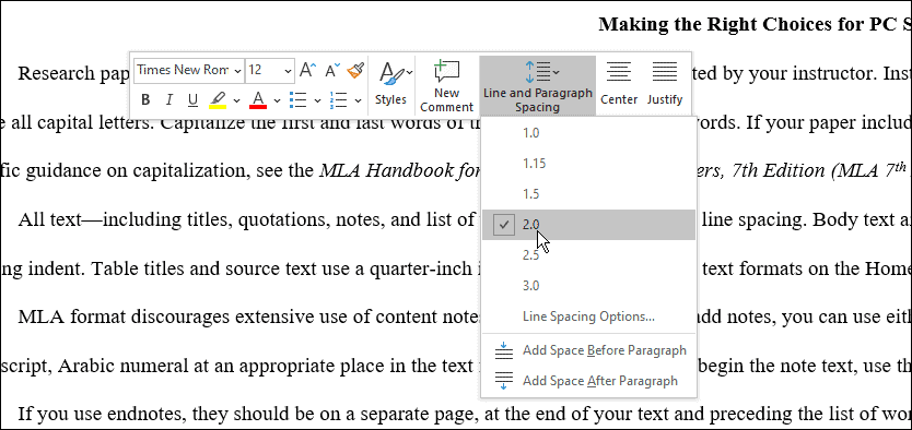 espaçamento use o formato mla no Microsoft Word