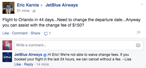 resposta jetblue à postagem do cliente